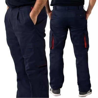 Calças de trabalho azuis com bolso e detalhe vermelho, vista frontal e traseira.