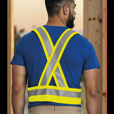 Homem com colete refletor amarelo e t-shirt azul em obra de construção