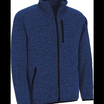 Casaco masculino azul com padrão mesclado, fecho de correr preto e bolsos com fecho