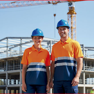 Duas pessoas com camisolas de trabalho bicolor e capacetes azuis em obra de construção