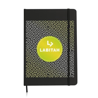 Caderno LABITAH preto com padrão geométrico e elástico