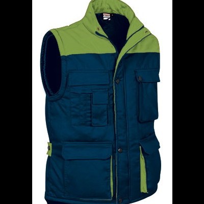 Colete azul escuro e verde acolchoado com bolsos e fecho