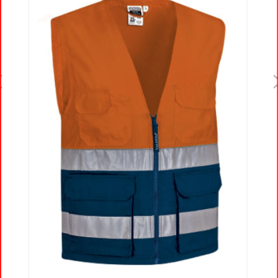 Colete de trabalho laranja e azul com faixas reflectoras e bolsos
