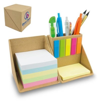 Organizador de secretária em cartão com blocos de notas coloridos, marcadores e canetas