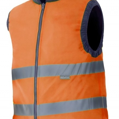 Colete de segurança refletor laranja e azul escuro com faixas cinzentas