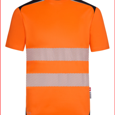 T-shirt laranja de alta visibilidade com faixas refletoras cinzentas e detalhes pretos