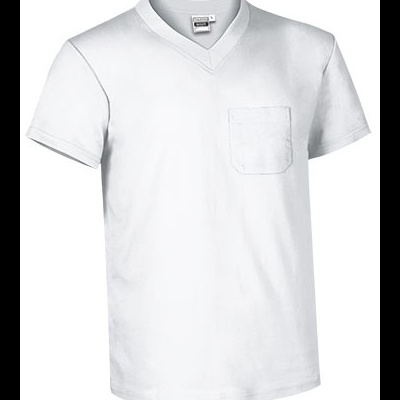 T-shirt branca de manga curta com decote em V e bolso no peito esquerdo