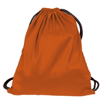 Mochila saco laranja com cordões pretos em fundo branco