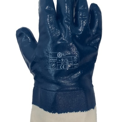 Luva de proteção azul escuro com base branca e texto impresso