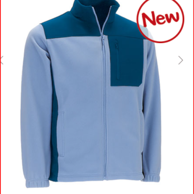 Casaco polar azul claro e azul escuro com bolso e fecho