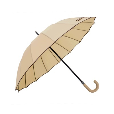 Guarda-chuva bege com estrutura preta e cabo curvo em madeira clara