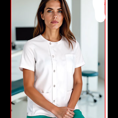 Mulher com bata branca e calças verdes em ambiente clínico