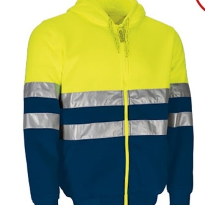 Casaco amarelo e azul com faixas refletoras cinza prateado e capuz