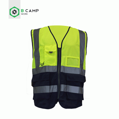 Colete de segurança amarelo fluorescente e preto com faixas refletoras cinzentas e bolso frontal.