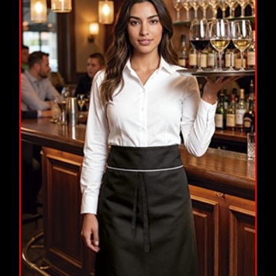 Mulher com avental preto e camisa branca em bar segurando bandeja com copos de vinho
