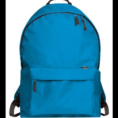 mochila azul com bolso frontal e alças pretas