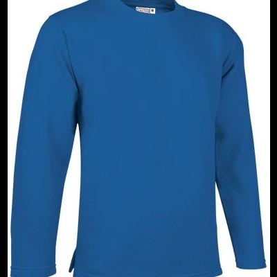 Camisola azul de manga comprida com gola redonda e etiqueta na gola.