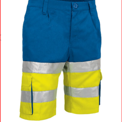 Calções de trabalho bicolor azul e amarelo com faixas refletoras cinza