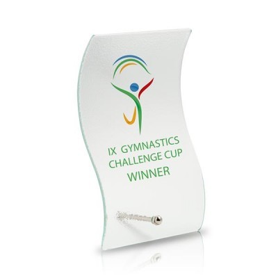 Troféu de vidro curvo transparente com inscrição e logótipo colorido