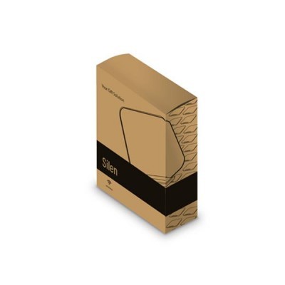 Embalagem de produto em cartão castanho e preto com texto e padrão de ondas