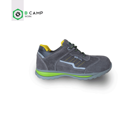 Sapatilha de trabalho cinzenta com detalhes em verde e amarelo, sola antiderrapante