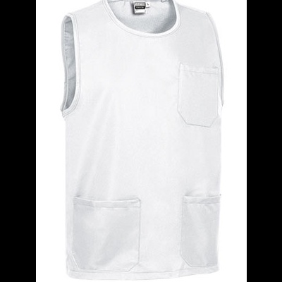 Camisola branca sem mangas com três bolsos frontais.