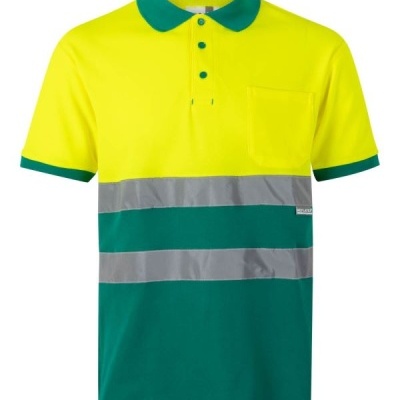 Polo amarelo e verde com faixas refletoras cinzentas e bolso no peito