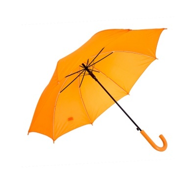 Guarda-chuva laranja com cabo curvo e estrutura preta