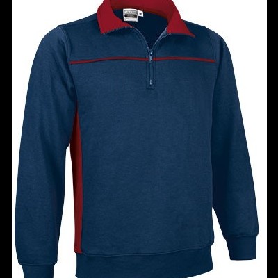 Sweatshirt azul escuro com detalhes vermelhos e fecho até meio