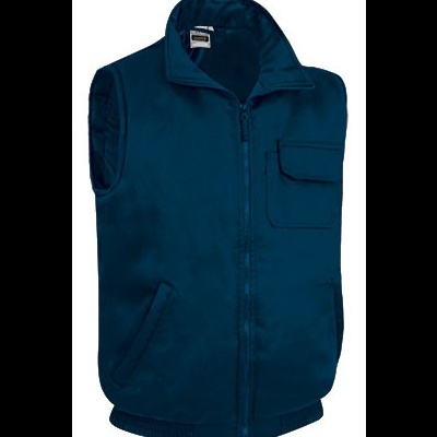 Colete masculino azul escuro com fecho de correr e bolsos.