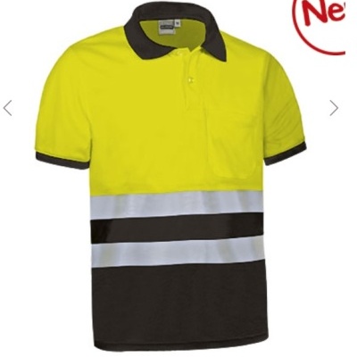 Polo amarelo fluorescente com golas pretas e faixas refletoras