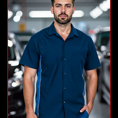 Homem com camisa de trabalho azul escura e calças azuis em oficina.