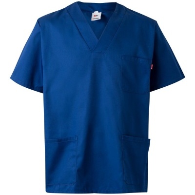 Casaco médico azul royal com gola em V e três bolsos frontais