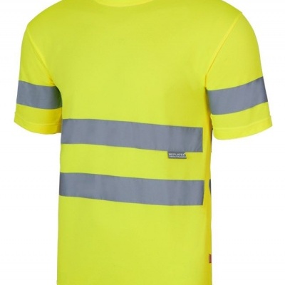T-shirt amarelo fluorescente com faixas refletoras cinzentas
