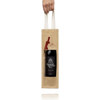 Saco de juta para uma garrafa de vinho com janela transparente e alças brancas
