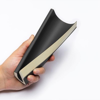 Mão segurando livro com capa preta