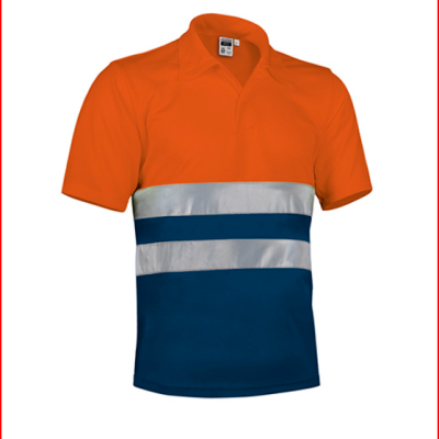 Polo técnico laranja e azul com faixas refletoras prateadas