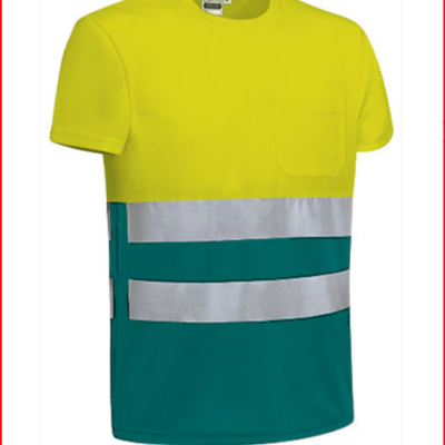 T-shirt de trabalho amarelo e verde com faixas reflexivas.