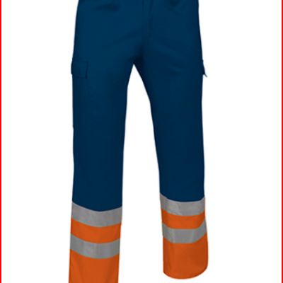 Calças de trabalho azul e laranja com faixas refletoras cinzentas na parte inferior