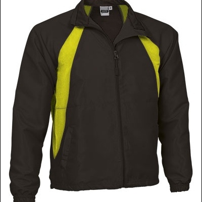 Casaco desportivo preto com painéis amarelos fluorescentes e fecho frontal
