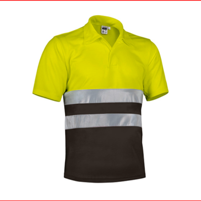 Polo de manga curta amarelo fluorescente e preto com faixas refletoras prateadas