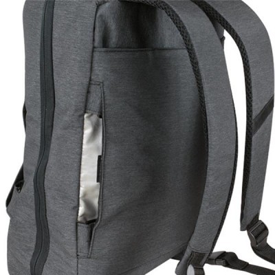 Mochila cinza escuro com alças acolchoadas e bolso lateral