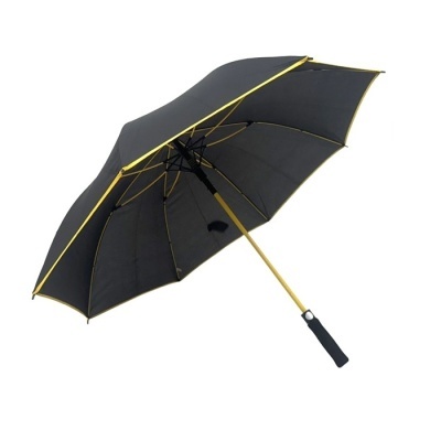 Guarda-chuva preto com detalhes amarelos e cabo preto