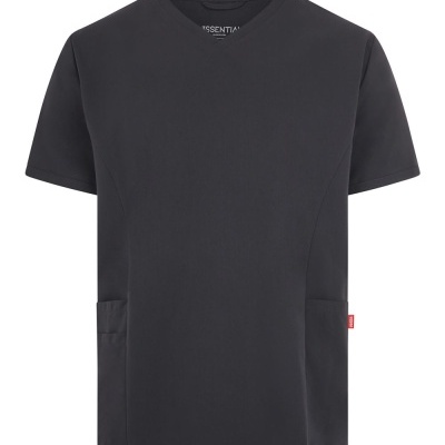 T-shirt preta de manga curta com decote em V e bolsos laterais