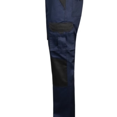 Calça de trabalho azul escuro com reforços pretos e múltiplos bolsos
