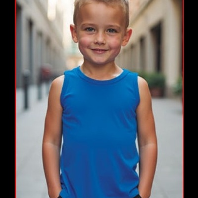 Menino com camisola azul de mangas curtas e calças escuras numa rua urbana.