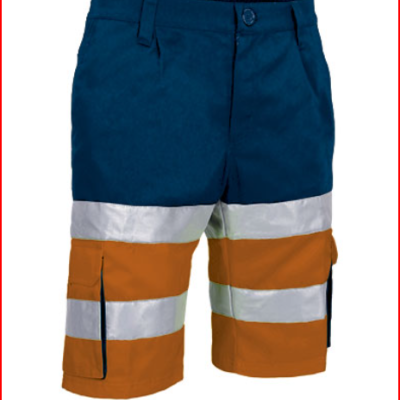 Calções bicolores azul escuro e laranja com faixas refletoras e bolsos laterais.