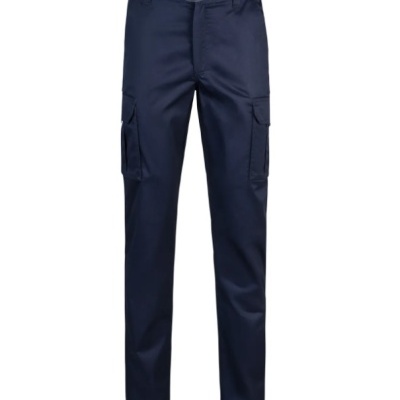 Calças de trabalho azul escuro com bolsos laterais cargo