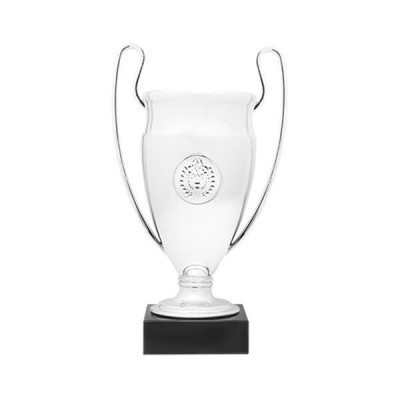 Taça de prémio prateada com duas alças e base preta