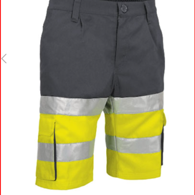Calções de trabalho cinzento escuro e amarelo com faixas refletoras prateadas